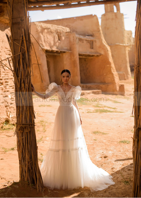 Short Sleeves Ivory Lace Dots Tulle V Back Wedding Dress Short Sleeves Ivory Lace Dots Tulle V Back Wedding Dress